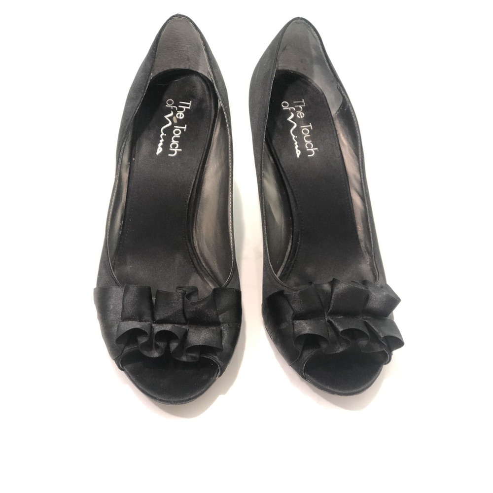 Touch Nina Womens 10M Black Satin Ruffle Open Toe Slip On Stiletto Heels Wedding